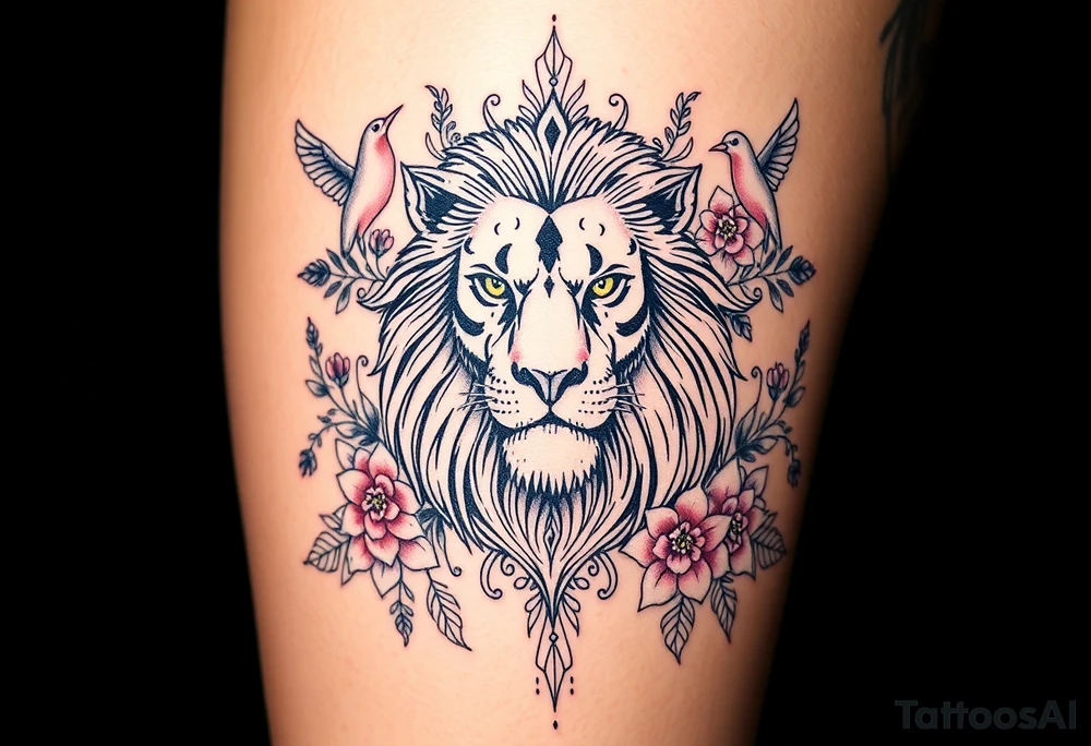 powerful majestic lion with a crown, surrounded by floral ornaments and birds tattoo idea