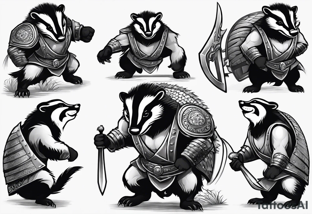 Draw me badger with aggressive full body, killer face with cute smile, very long nails and he attacks like a Turkish gladiator to enemy and also he has very deadly looking. The only weapon is his braveness he fights with his nails. tattoo idea