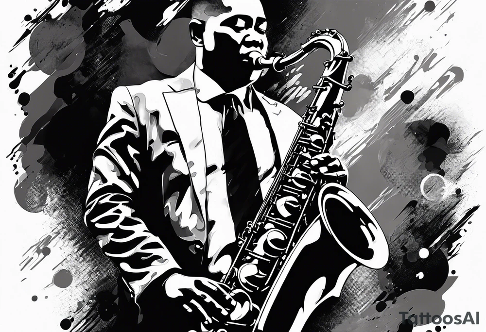 Muay thai boxer playing on tenor saxophone in a jazz club front of a jazz trio band. The notes are coming out from the saxophone and turning into buddhist symbols. tattoo idea