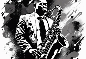 Muay thai boxer playing on tenor saxophone in a jazz club front of a jazz trio band. The notes are coming out from the saxophone and turning into buddhist symbols. tattoo idea