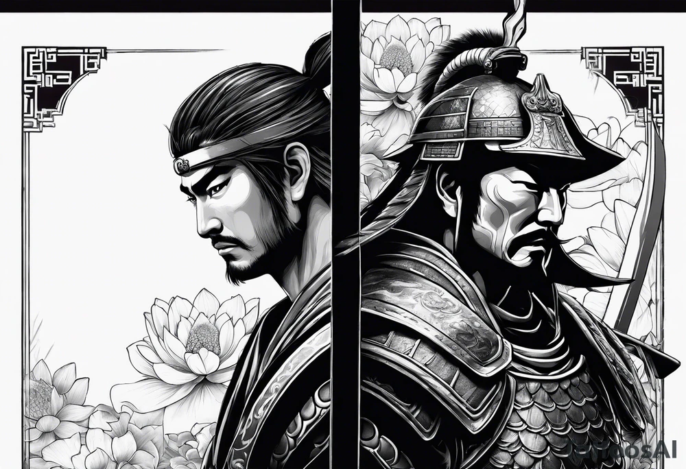 Samurai warrior and Roman spartan warrior facing off, include lotus flowers in the background, both warriors should appear aggressive looking ready for battle,  turn this into a forearm sleeve tattoo idea
