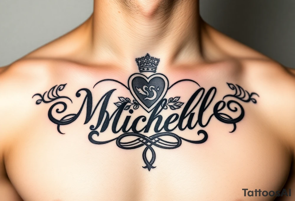 Design a tattoo for a man’s chest of a woman’s name (Michelle). There should be a claddagh and a Celtic knot entertwined. The name Michelle should be in elegant calligraphy. Make it elegant and tasteful. tattoo idea