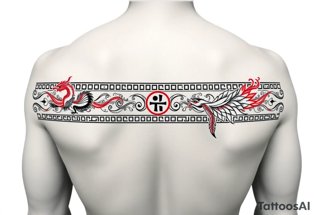 tattoo stencil, ultra-thin horizontal band (ratio 10:1), black and red line art. Fusion of:  
- Greek meander pattern,  
- Neo-tribal sharp angles,  
- Chinese dragon scales (black) and phoenix feathers (red).  
Hidden details: small Bagua trigrams in corners.  
Seamless repeating pattern, NO background, perfect for forearm wrap-around.  
Style: intricate line art, inspired by ancient Greek pottery and dotwork tattoos. tattoo idea