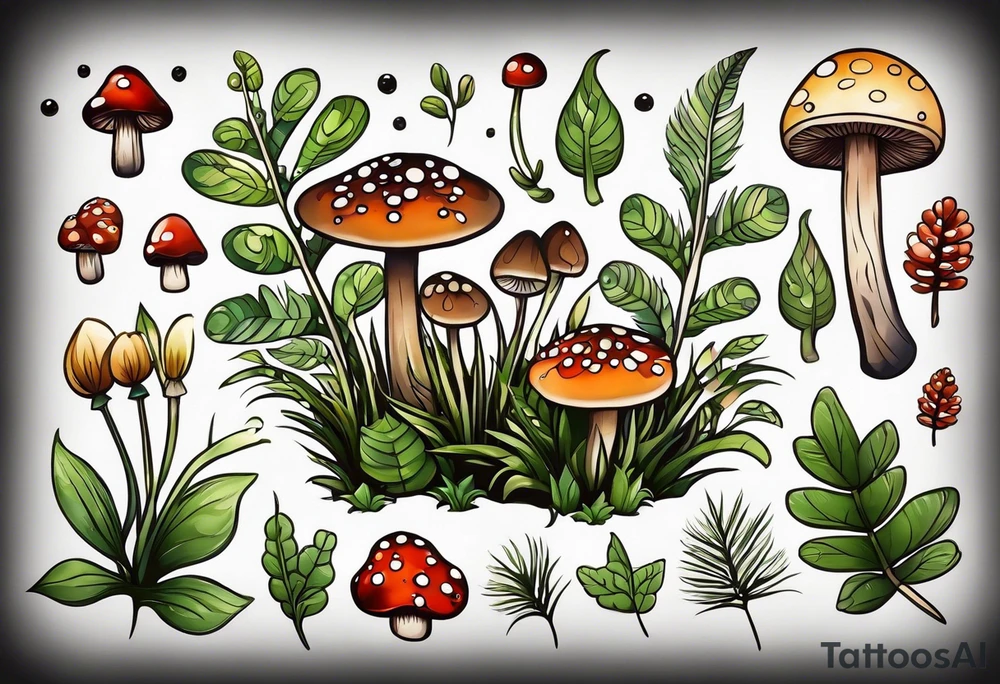 minimalistic forest floor inspired tattoo, which includes grass, moss, curly ferns and dead leaves as the bulk of the tattoo. details to include: forest berries, couple of very small brown mushrooms, a tiny bumblebee flying nearby tattoo idea