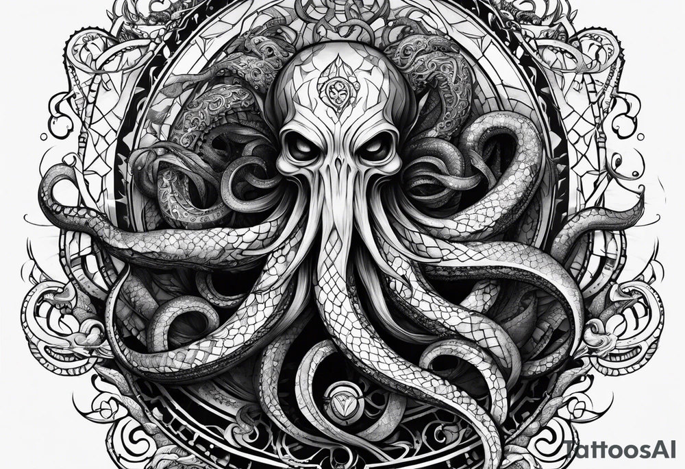 Long tattoo for forearm. Lovecraftian creature, with technological elements. Tentacles protect a heart. tattoo idea