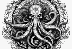Long tattoo for forearm. Lovecraftian creature, with technological elements. Tentacles protect a heart. tattoo idea