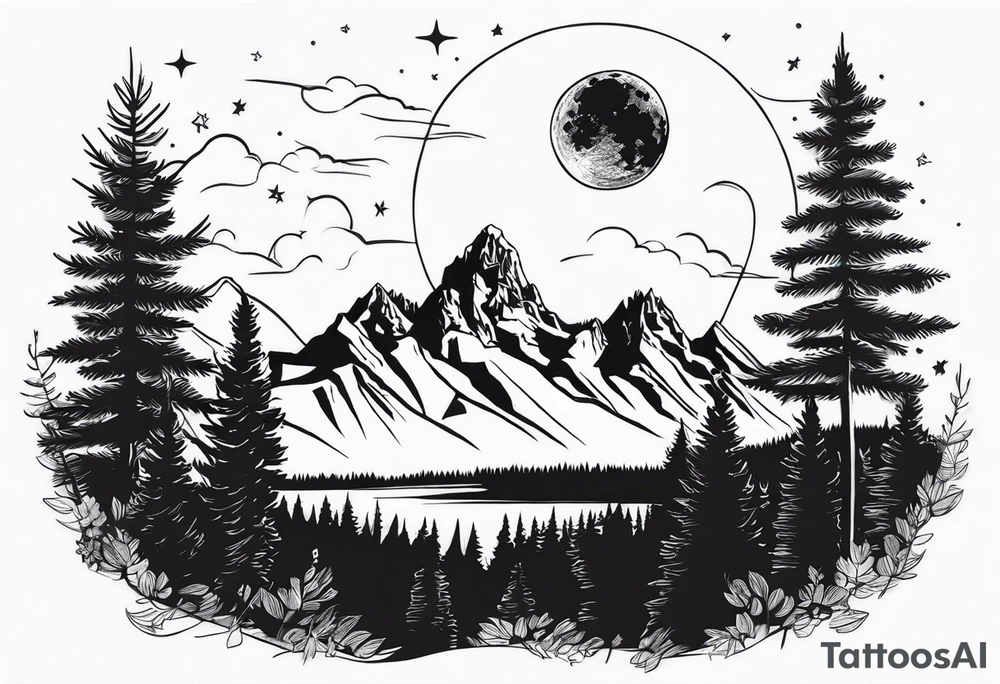 Half sleeve of Teton mountain range, moon In the sky and a few for trees tattoo idea