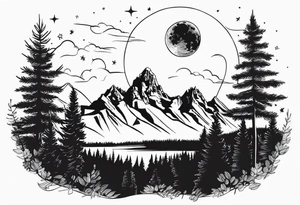 Half sleeve of Teton mountain range, moon In the sky and a few for trees tattoo idea