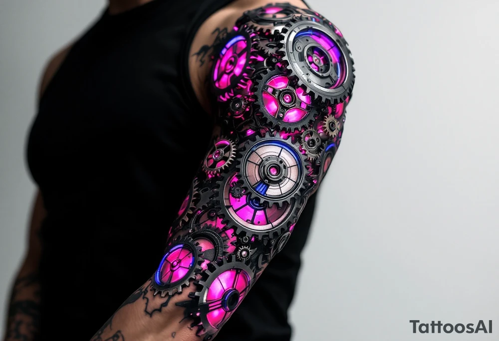 A biomechanical arm tattoo where gears spin under translucent synthetic skin lit with pink and cobalt blue veins. tattoo idea