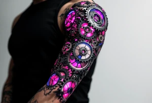 A biomechanical arm tattoo where gears spin under translucent synthetic skin lit with pink and cobalt blue veins. tattoo idea