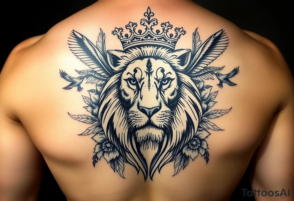 powerful majestic lion with a crown, surrounded by floral ornaments and birds tattoo idea