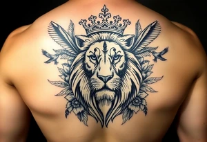 powerful majestic lion with a crown, surrounded by floral ornaments and birds tattoo idea