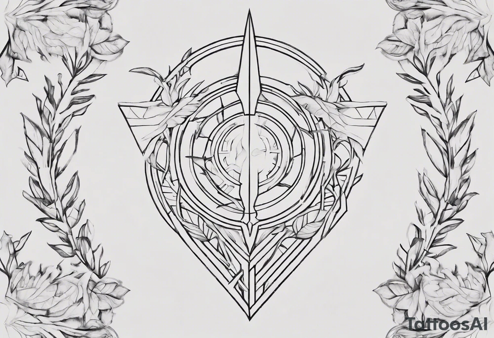Create a small tattoo with Athena's spear and shield using geometric lines and shapes. Play with symmetry and abstraction to create a visually striking composition. Add vines gracefully intertwining at a central point in the middle of the wreath.
The intended placement is on the upper chest. The overall design should be small in size while maintaining a delicate and artistic aesthetic. Pay attention to the graceful flow of the vines and the placement of the irises to achieve a refined and elegant look. tattoo idea