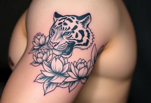 fierce tiger emerging through blooming lotus flowers in mist tattoo idea