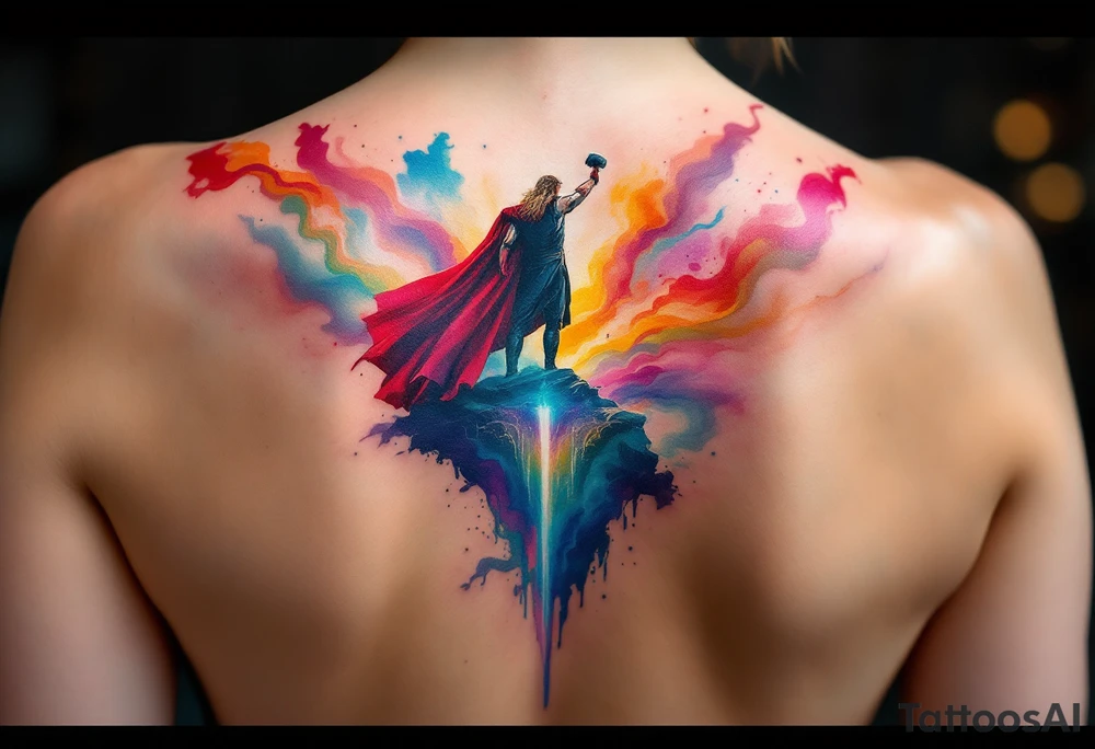 Chris Hemsworth’s Thor A full back piece of Thor standing on the Bifrost, his hammer raised, with the rainbow bridge stretching behind him, in vibrant colors. tattoo idea