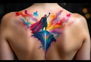 Chris Hemsworth’s Thor A full back piece of Thor standing on the Bifrost, his hammer raised, with the rainbow bridge stretching behind him, in vibrant colors. tattoo idea