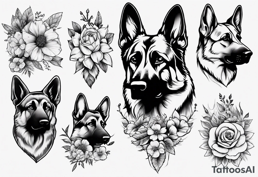 German Shepherd with flowers tattoo idea