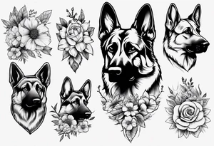 German Shepherd with flowers tattoo idea