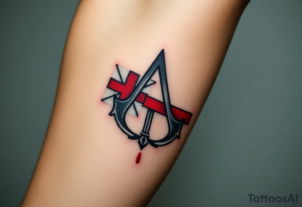 Assassins Creed logo with English flag and a sword with blood, no writing tattoo idea