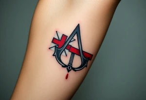 Assassins Creed logo with English flag and a sword with blood, no writing tattoo idea