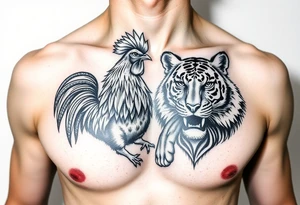 chest tattoo of dog rooster and tiger together tattoo idea