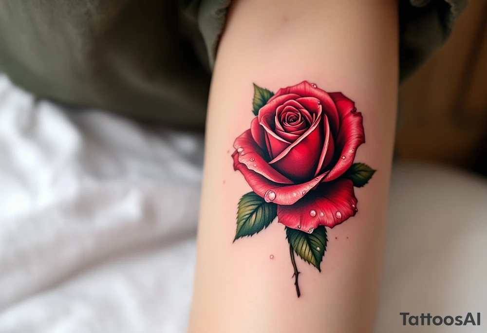 A vibrant red rose with dewdrops, the petals curling with realistic depth in deep crimson and dark green leaves. tattoo idea