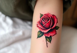 A vibrant red rose with dewdrops, the petals curling with realistic depth in deep crimson and dark green leaves. tattoo idea