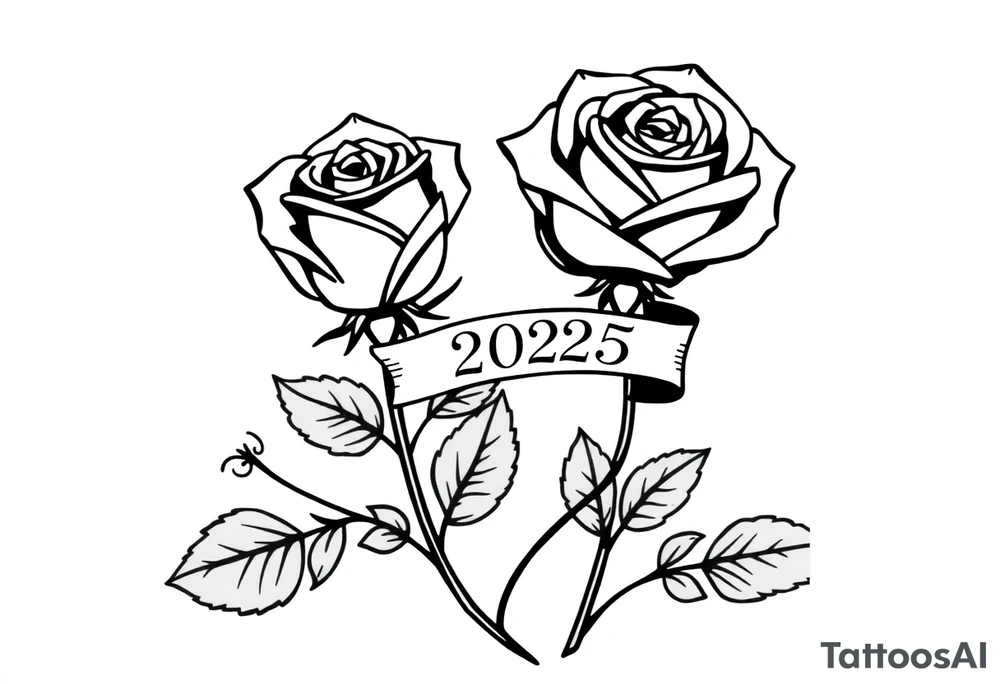 two beautiful large rose buds, one larger than the other, with many leaves next to the rose buds, with one sitting higher than the other. Include a banner connecting the two roses with the year "2025" on it.   Use dark outlines with little shading. The two stems should be short, not long, and connect and join into one stem, whimsically curved or twisted - not straight down. tattoo idea