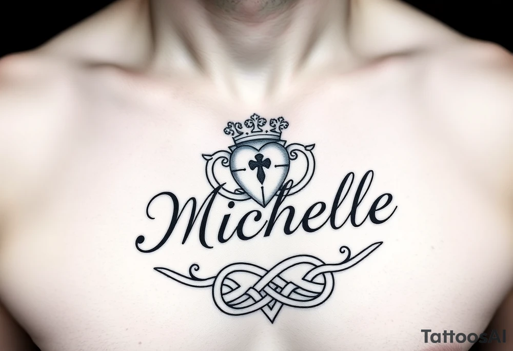 Design a tattoo for a man’s chest of a woman’s name (Michelle). There should be a claddagh and a Celtic knot entertwined. The bane Michelle should be in calligraphy tattoo idea