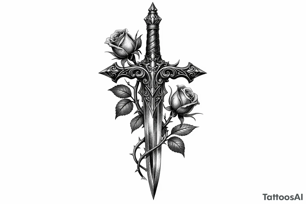 Intricate black and grey filigree sword with delicate rose buds. tattoo idea