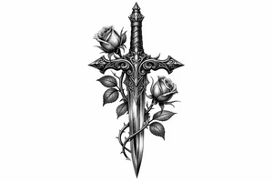 Intricate black and grey filigree sword with delicate rose buds. tattoo idea