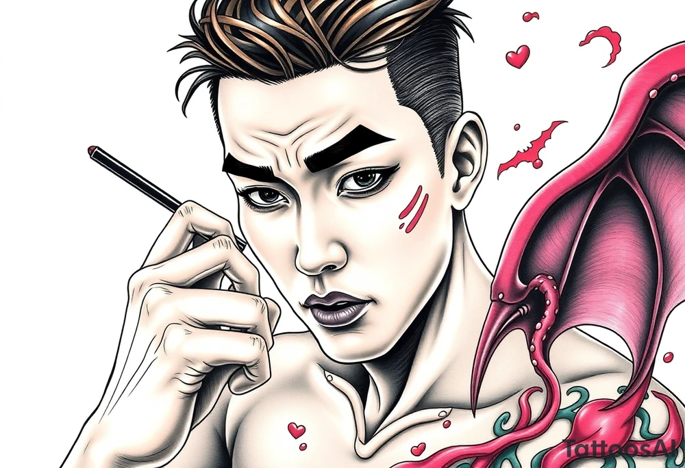 Handsome Asian young guy is putting fighting  make up on protecting from evil tattoo idea