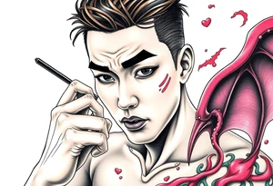 Handsome Asian young guy is putting fighting  make up on protecting from evil tattoo idea