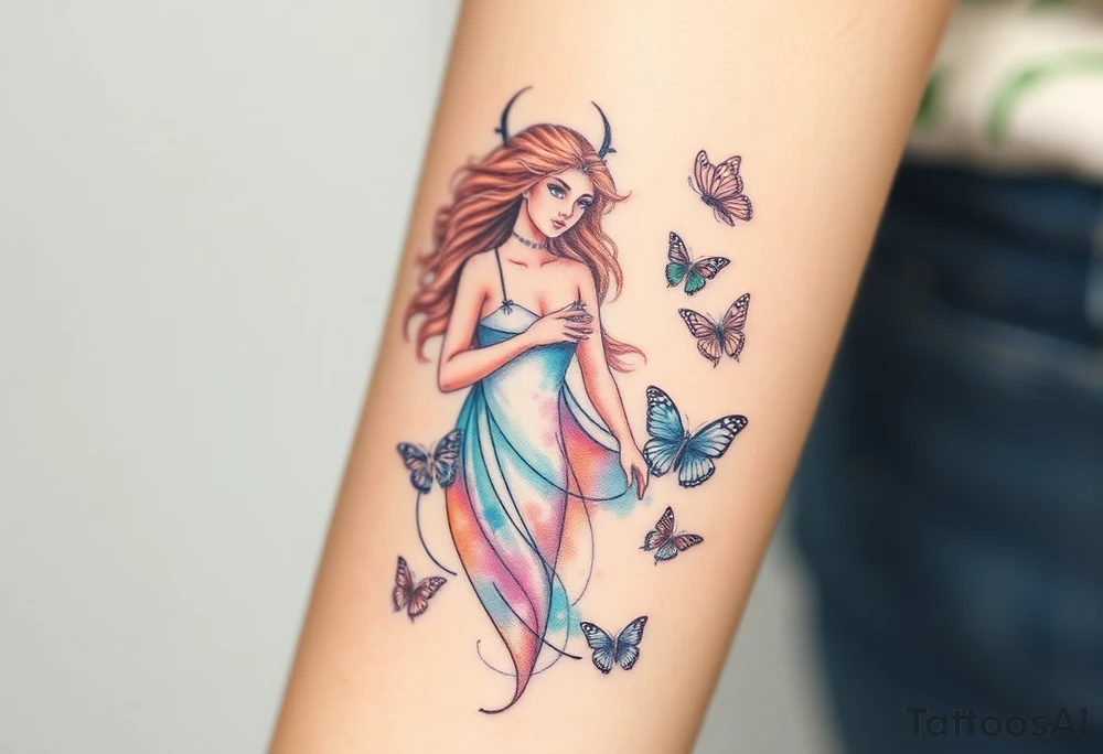 A Virgo maiden surrounded by floating butterflies, in soft pastel colors, representing transformation and grace tattoo idea