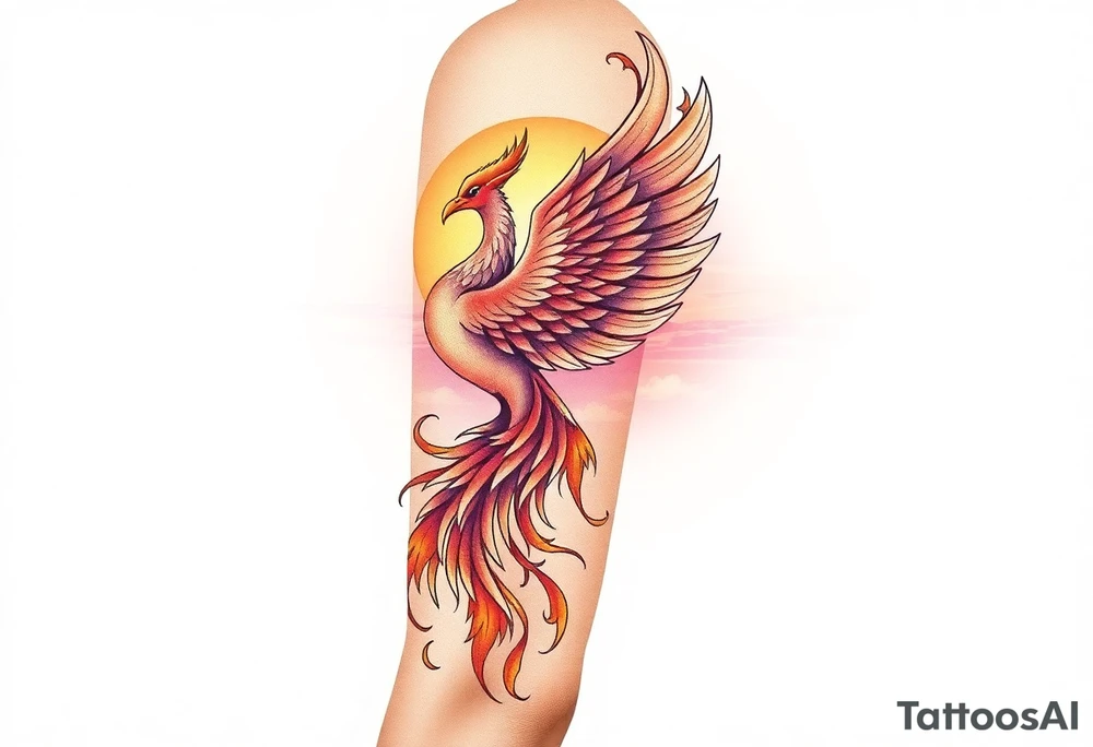 magnificent phoenix rising from flames with trailing embers with a pink and golden sunset and sky with puffy clouds and heaven backdrop tattoo idea