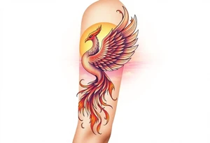 magnificent phoenix rising from flames with trailing embers with a pink and golden sunset and sky with puffy clouds and heaven backdrop tattoo idea