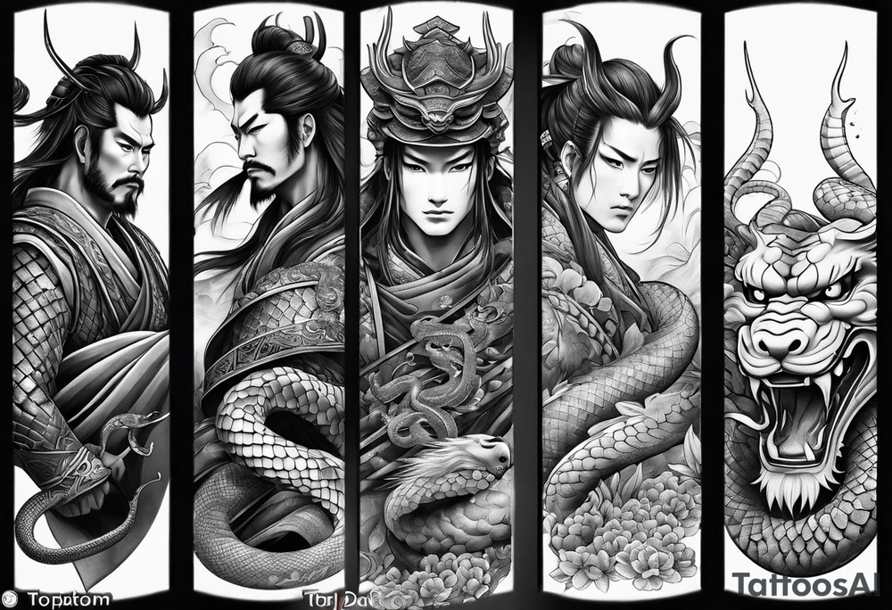 Japanese samurai -style tattoo with snake demons tattoo idea