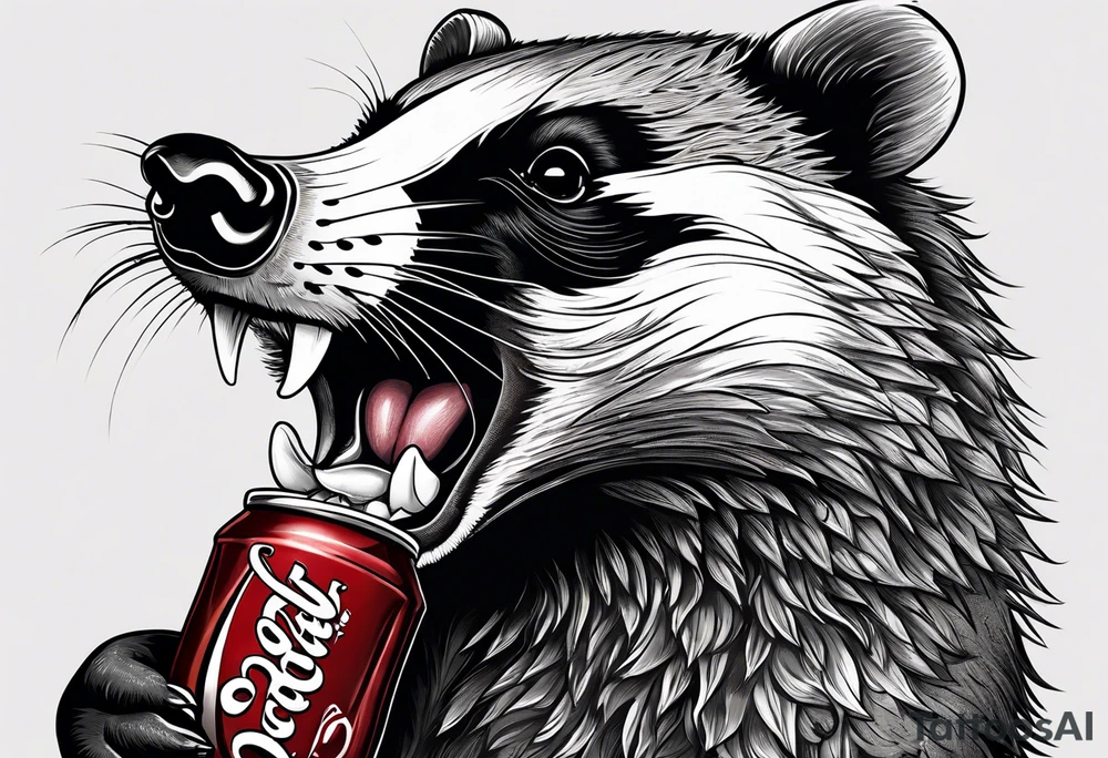 badger with mouth open with Dr Pepper can tattoo idea