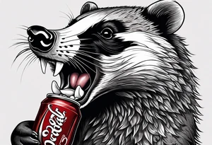 badger with mouth open with Dr Pepper can tattoo idea