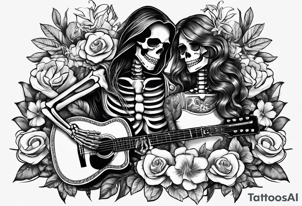 a female and male skeleton in love. The female has hibisucs flowers and the male is playing the guitar tattoo idea