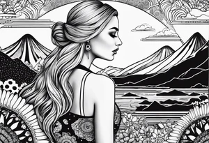 Straight blonde hair girl facing away toward mountains surrounded by mushrooms crescent moon mandala circular design black and white striped dress infinity symbol tattoo idea
