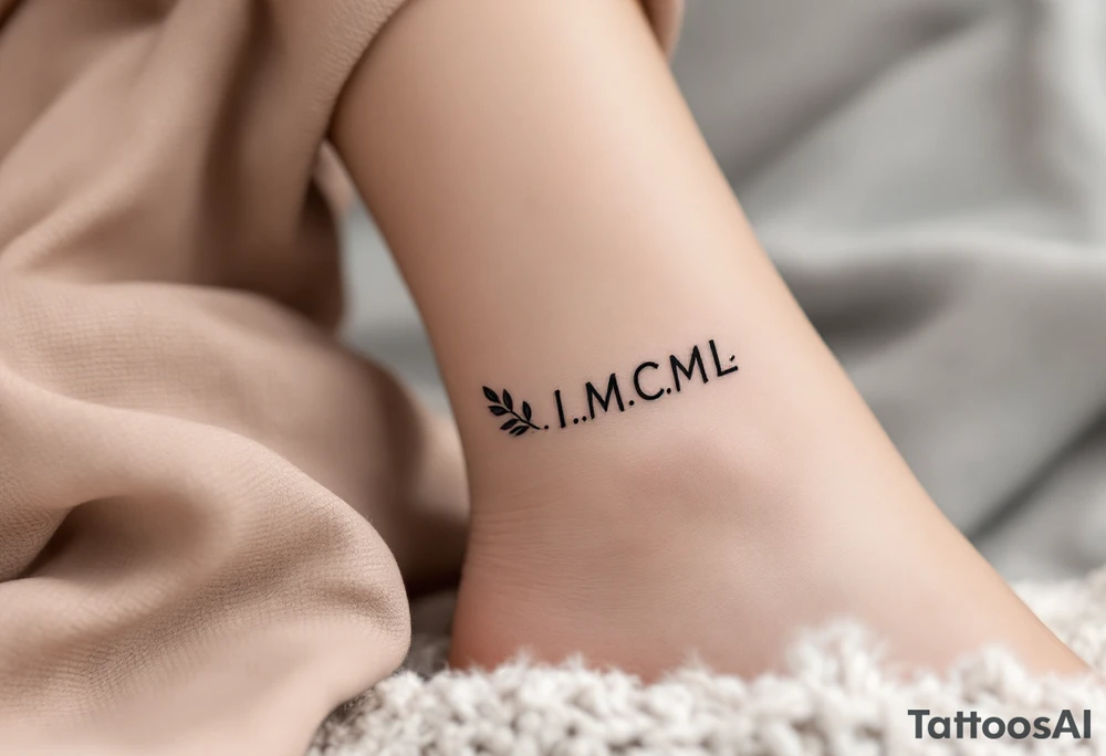 Tiny I.I.MCML on the ankle in black, paired with grayscale olive branches extending around the leg tattoo idea