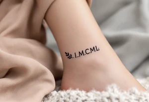 Tiny I.I.MCML on the ankle in black, paired with grayscale olive branches extending around the leg tattoo idea