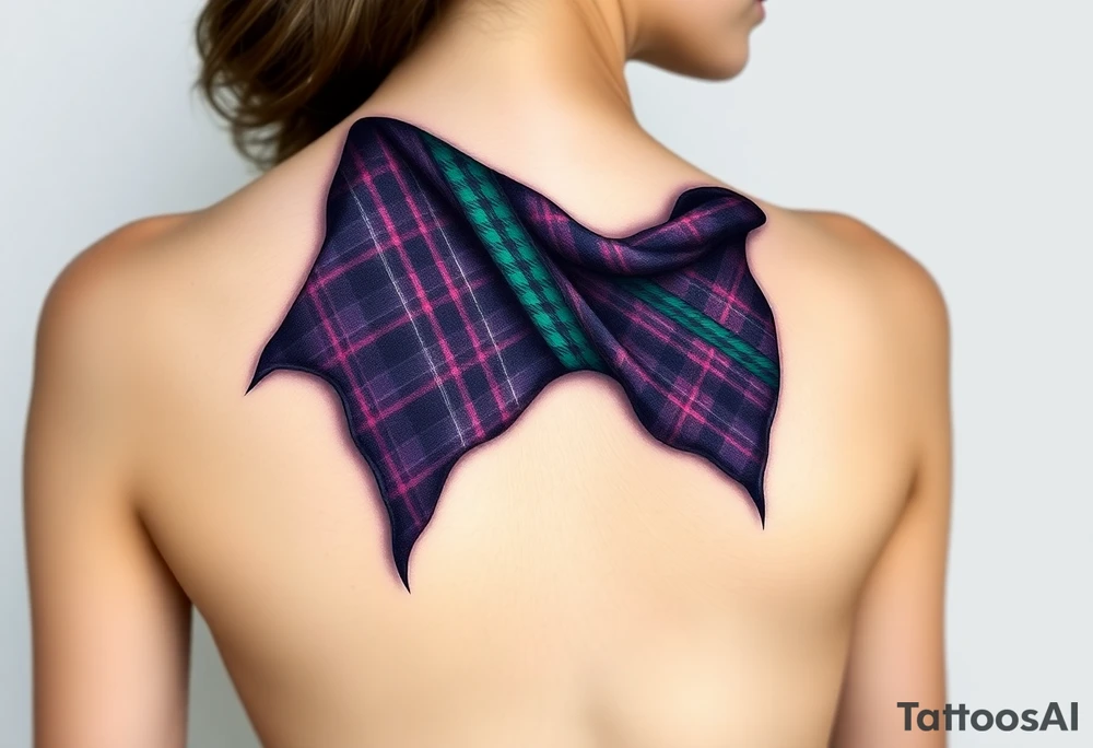 Around Breasts

Dark Purple with green pink blue and white highlights tartan fabric with skin around edges peeling and wrapping around side of shoulder tattoo idea