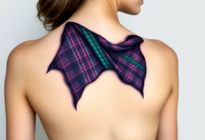 Around Breasts

Dark Purple with green pink blue and white highlights tartan fabric with skin around edges peeling and wrapping around side of shoulder tattoo idea