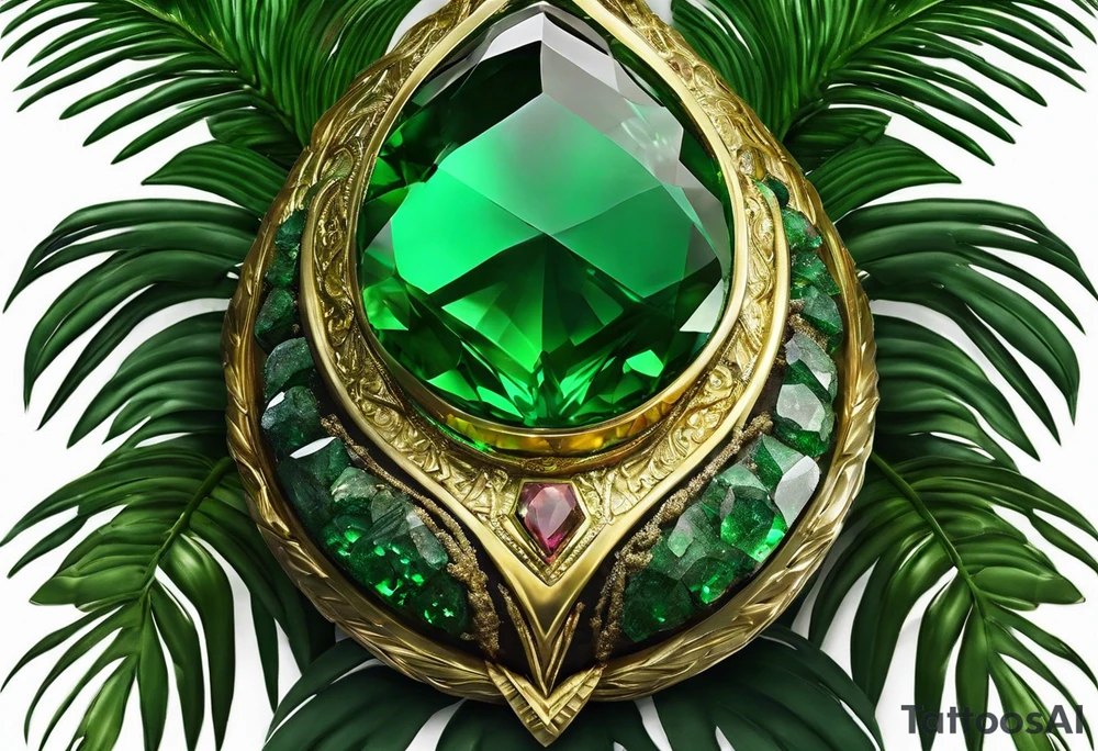 Tattoo: A striking Gachala emerald sits at the base of a tall quindio wax palm, which grows resiliently from cracks in rugged, rocky soil. The emerald is the main focal point, symbolizing strength and endurance, while the wax palm, rooted in the soil’s crevices, represents growth and resilience. A small water stream flows gently from the rocks, adding an element of life and nourishment tattoo idea