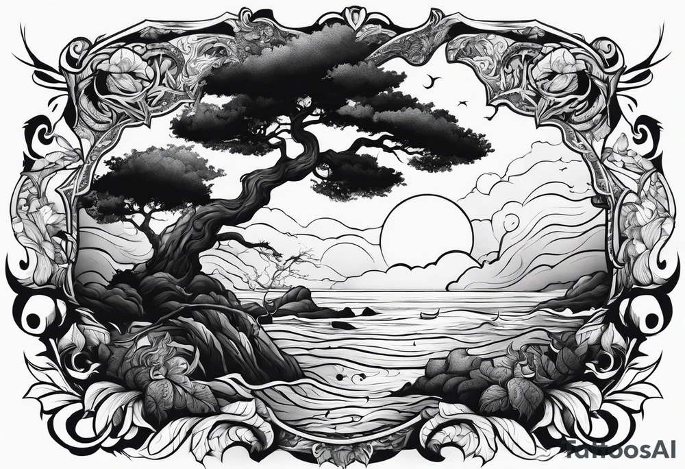 Ocean scene with a defender of man warrior and a tree tattoo idea
