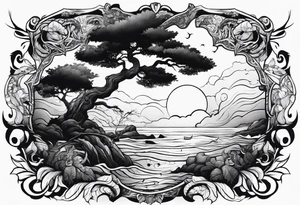 Ocean scene with a defender of man warrior and a tree tattoo idea
