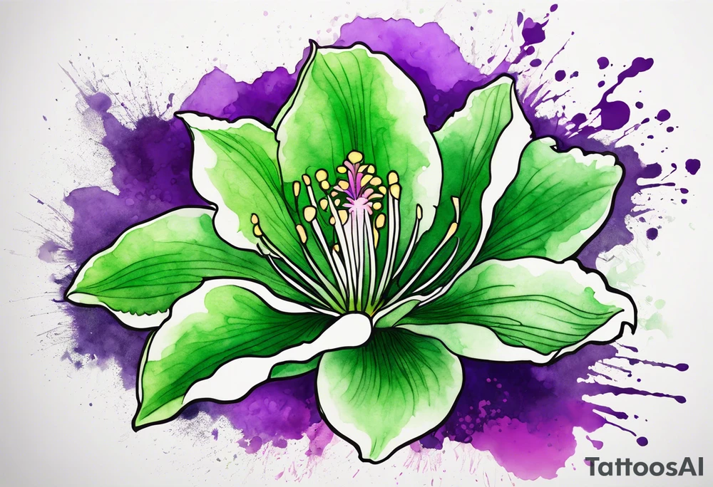 An outline of an only green rio dipladenia flower and a green and purple watercolor splash in the background tattoo idea