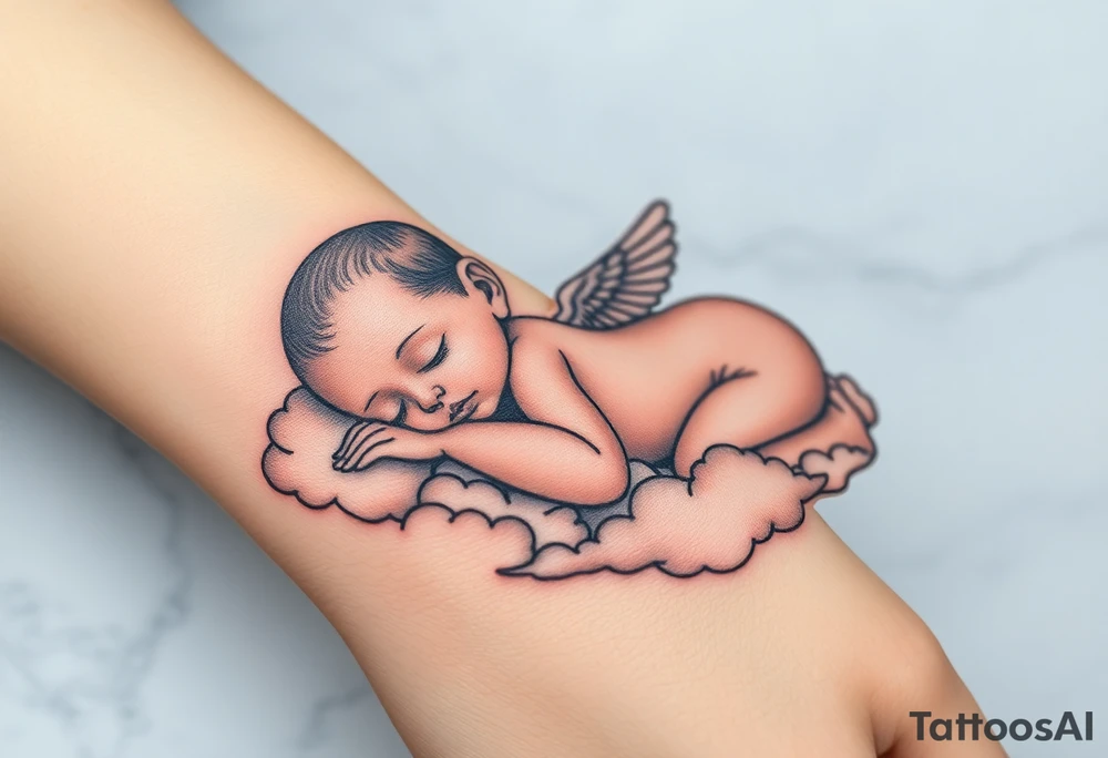 Sleeping Winged baby, laying on the clouds tattoo idea